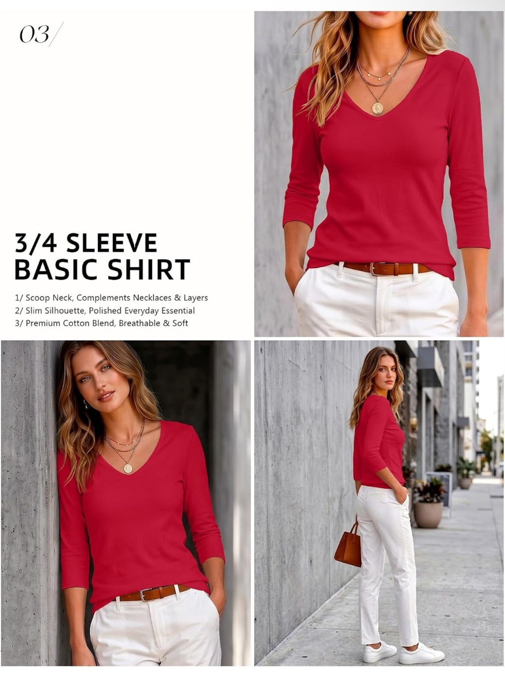 Meetrendi NWT 3/4 Sleeve V-Neck Basic Shirt - Red
